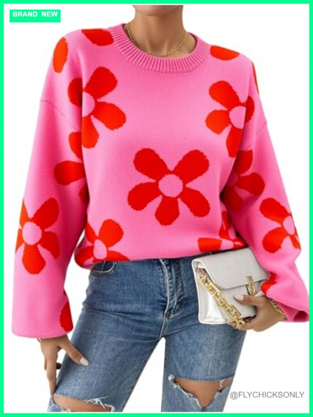 Floral Print Crew Neck Long Sleeve Cable Knit Pullover Sweater Loose Fit